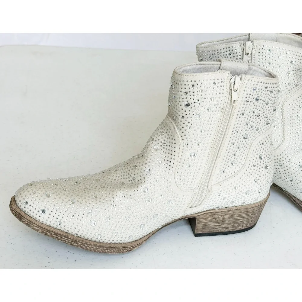 Very G Women's Cowboy Boots Size 11 White Rhinestone Western Cowgirl Booties